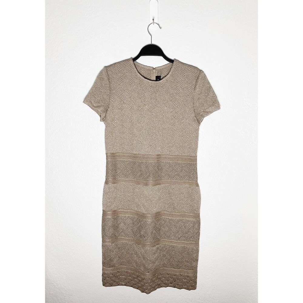 St. Johns Women's Sheath Dress Tan Silver Textured Wool Blend Short Sleeve Midi